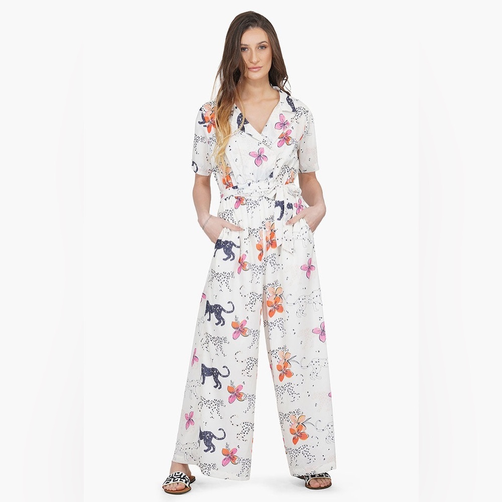 America and Beyond Jaguar Floral Silk Blend Jumpsuit Boho Resort Vacation Large